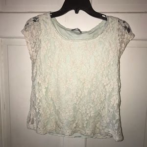Mint green shirt with beige lace overlay